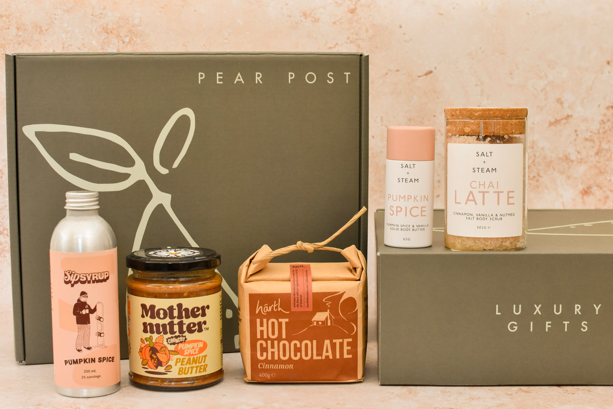 Pumpkin spice autumn gift box with treats and pamper items from UK makers