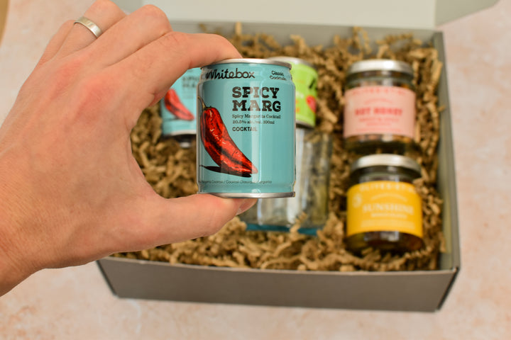 Spice Spice Baby spicy margarita gift box with rim salt, recycled glass and snacks
